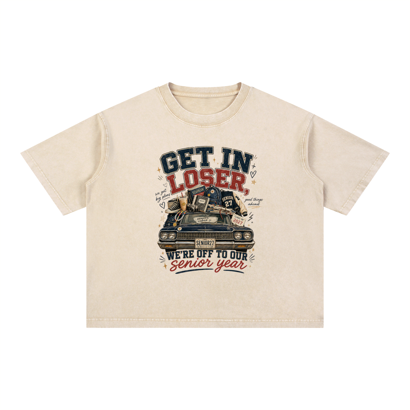Mineral wash boxy cotton t-shirt with oversized fit and senior year 2027 graphic design