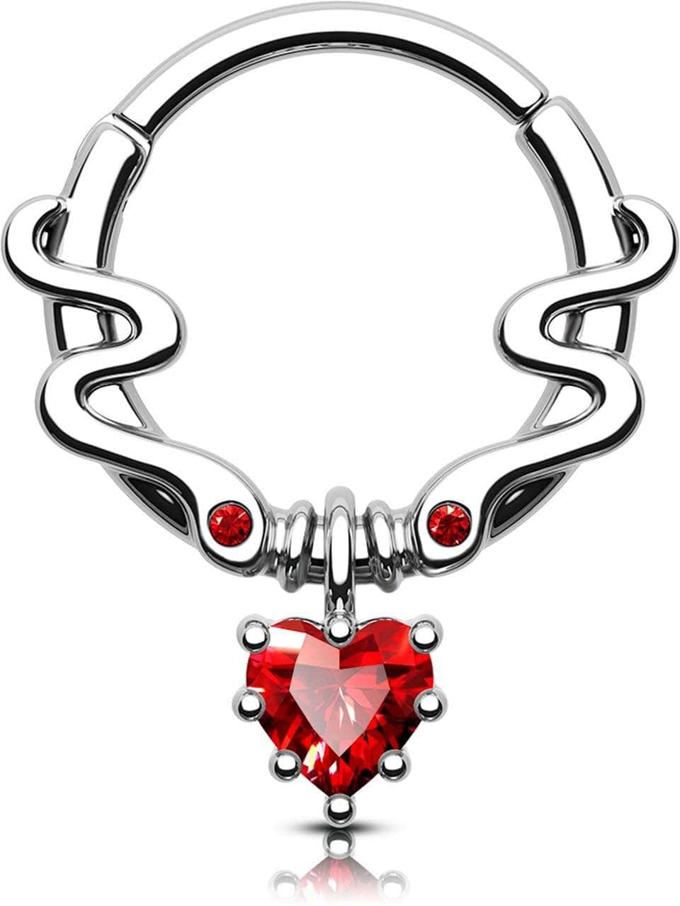 Serpent Sparkle 16G Septum Ring with detailed snake design and shiny red CZ heart pendant