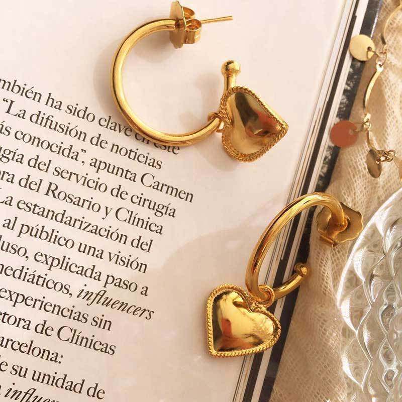 Gold heart drop earrings gold plated delicate romantic design 2 inch length
