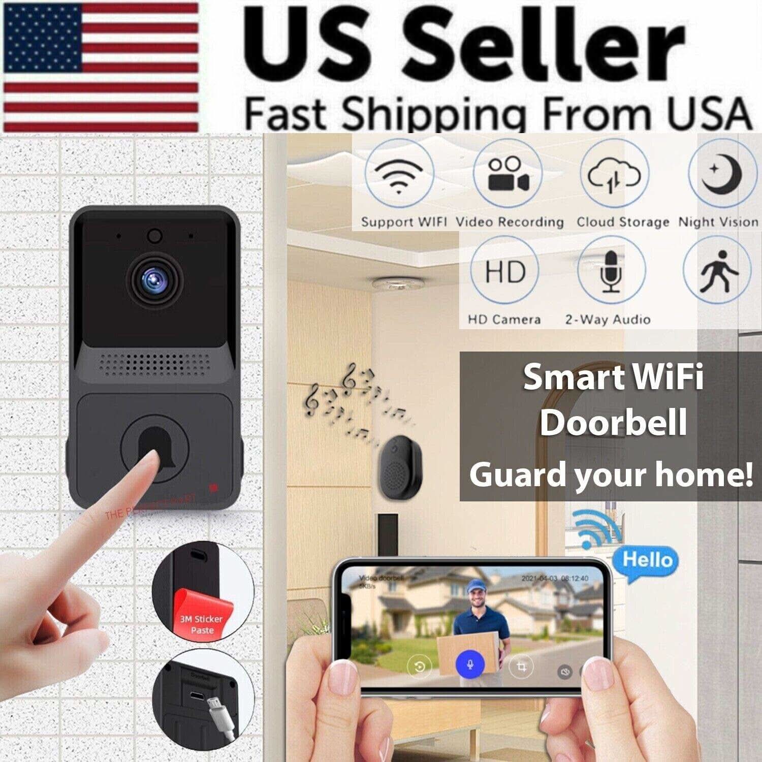 WiFi enabled video doorbell with HD camera and two-way audio for home security and remote monitoring