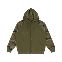 An olive green zip-up hoodie with a camouflage pattern hood and camouflage-patterned raglan sleeves, shown flat on a white background.