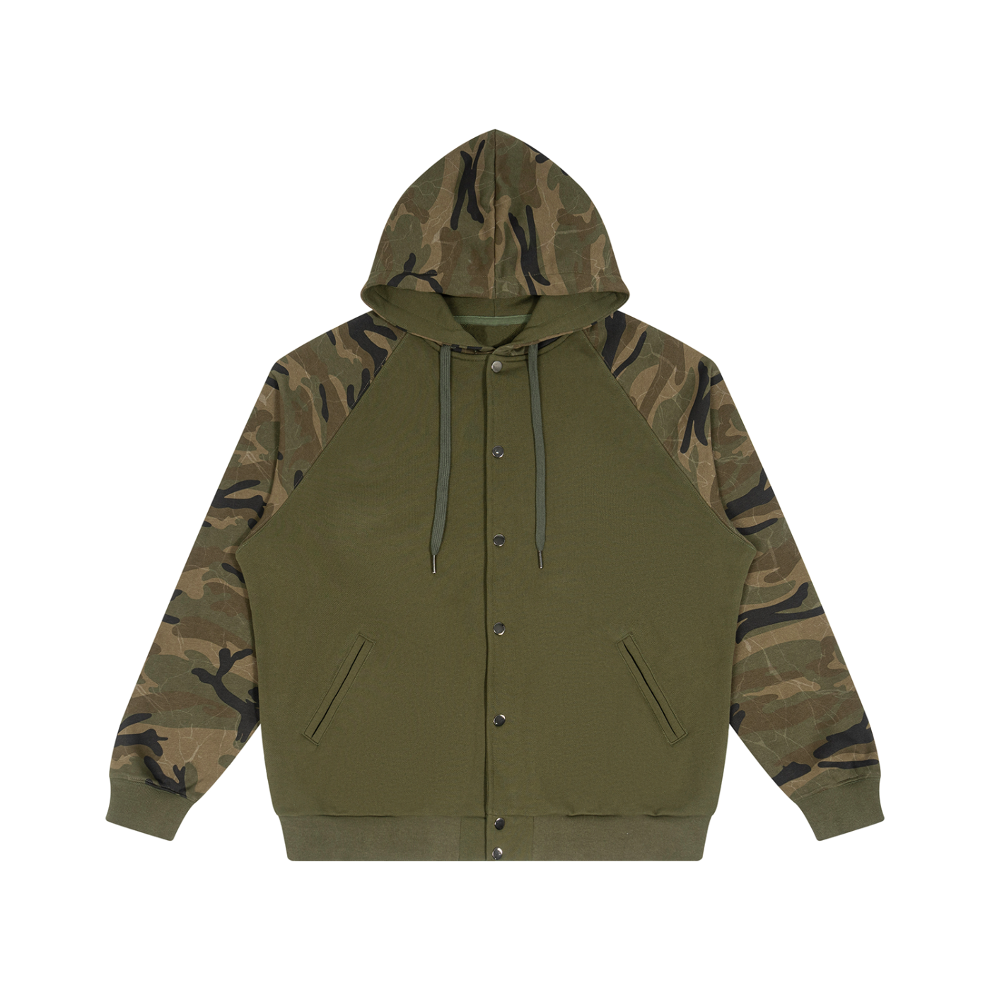An olive green zip-up hoodie with a camouflage pattern hood and camouflage-patterned raglan sleeves, shown flat on a white background.