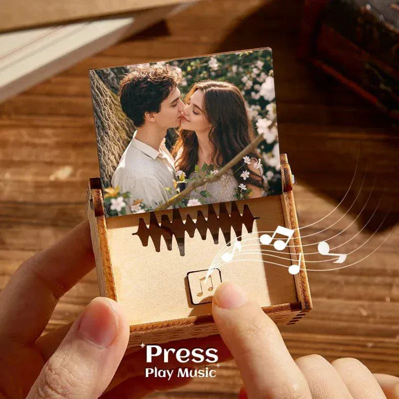 Custom digital music box with personalized photo and voice recording in wooden keepsake gift box