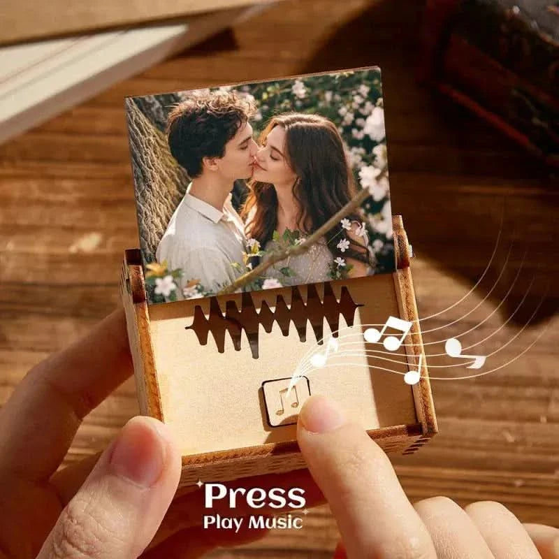 Custom digital music box with personalized photo and voice recording in wooden keepsake gift box