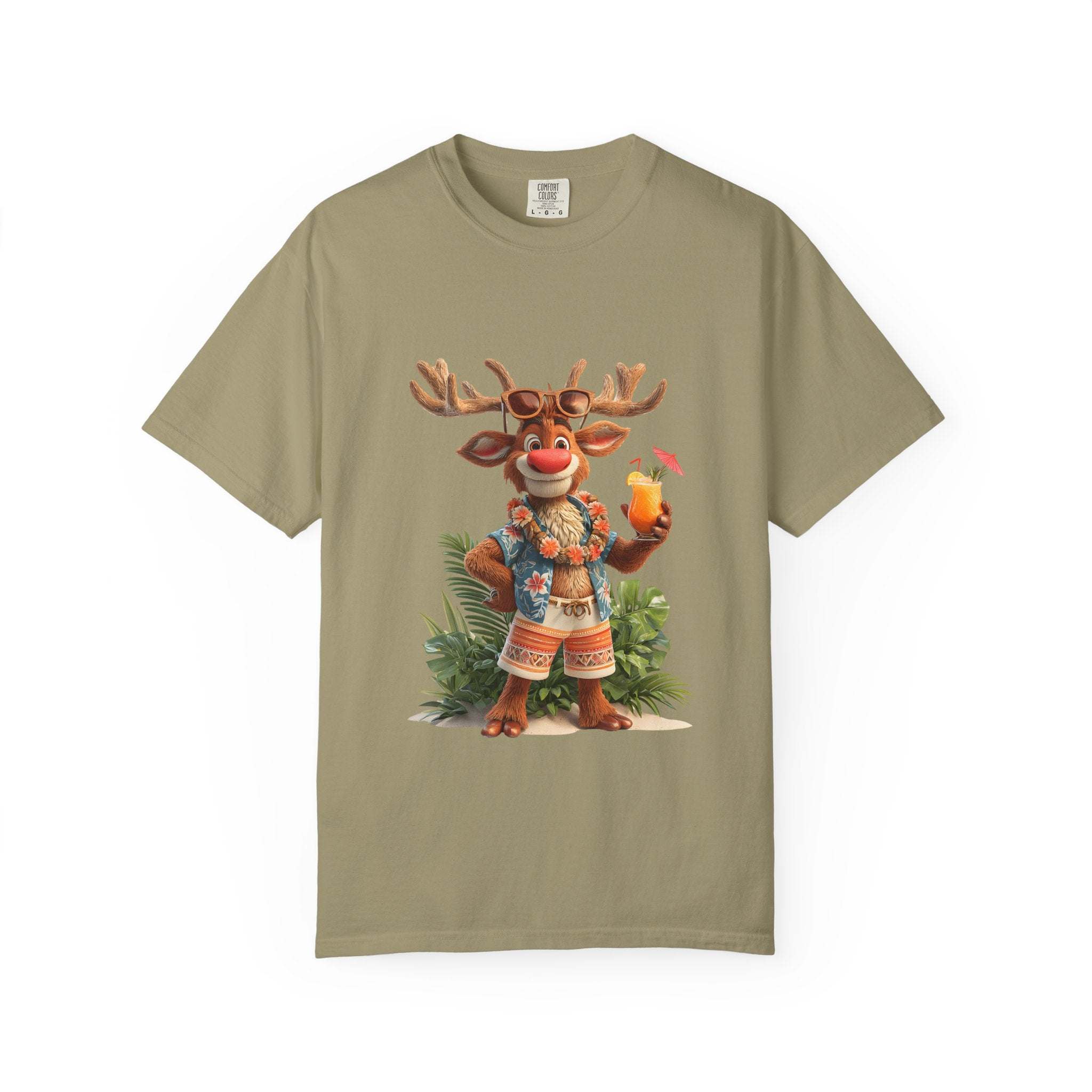 True Navy garment-dyed unisex t-shirt featuring a tropical vacation reindeer design by Printify.