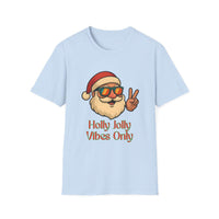 Light blue Christmas t-shirt with 'Holly Jolly Vibes Only' graphic, made by Printify, suitable for festive occasions.