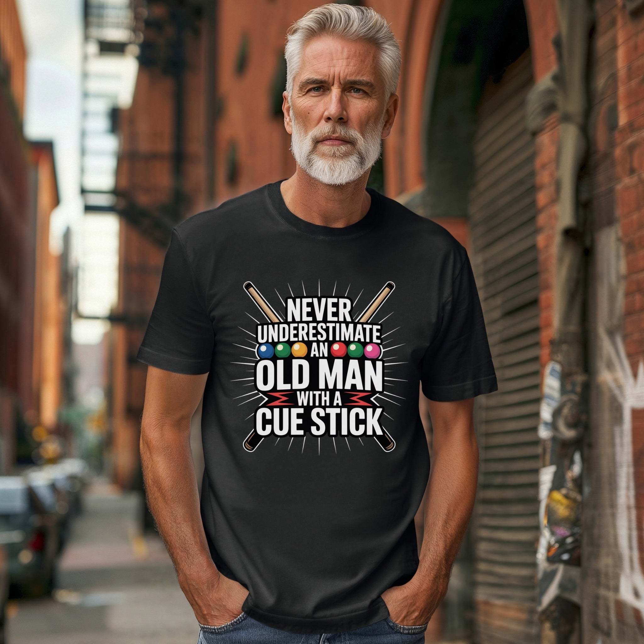True Navy cotton t-shirt with 'Never Underestimate An Old Man With A Pool Cue' graphic by Printify