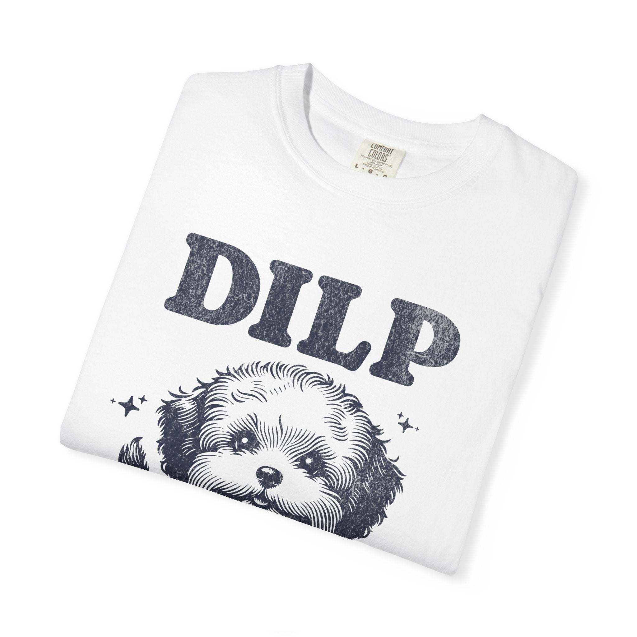 Garment-dyed t-shirt featuring playful dog illustration and DILP text for dog lovers