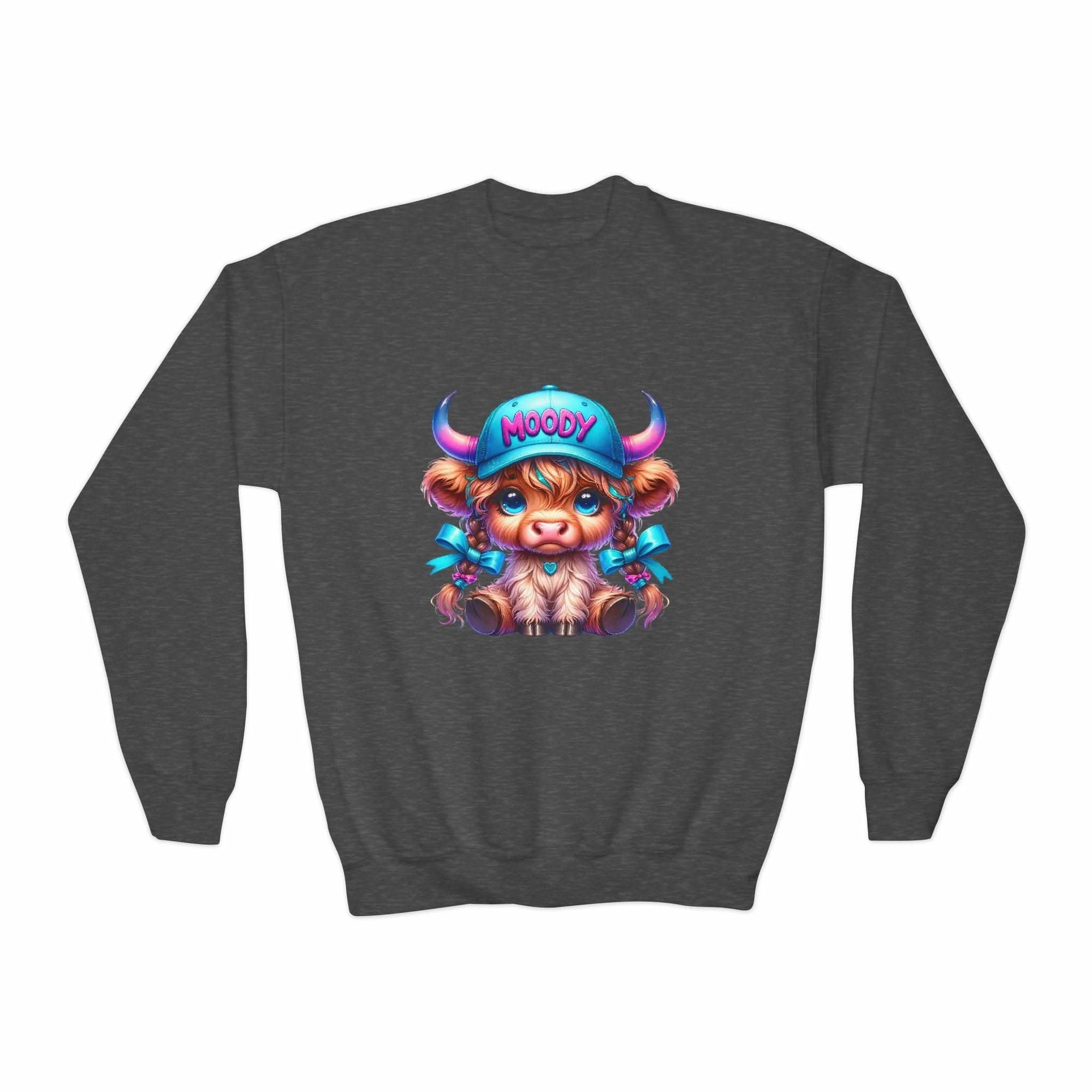 Moody Girl Highland Cow sweatshirt with colorful cartoon cow design on dark gray fabric, cozy and playful youth sweater