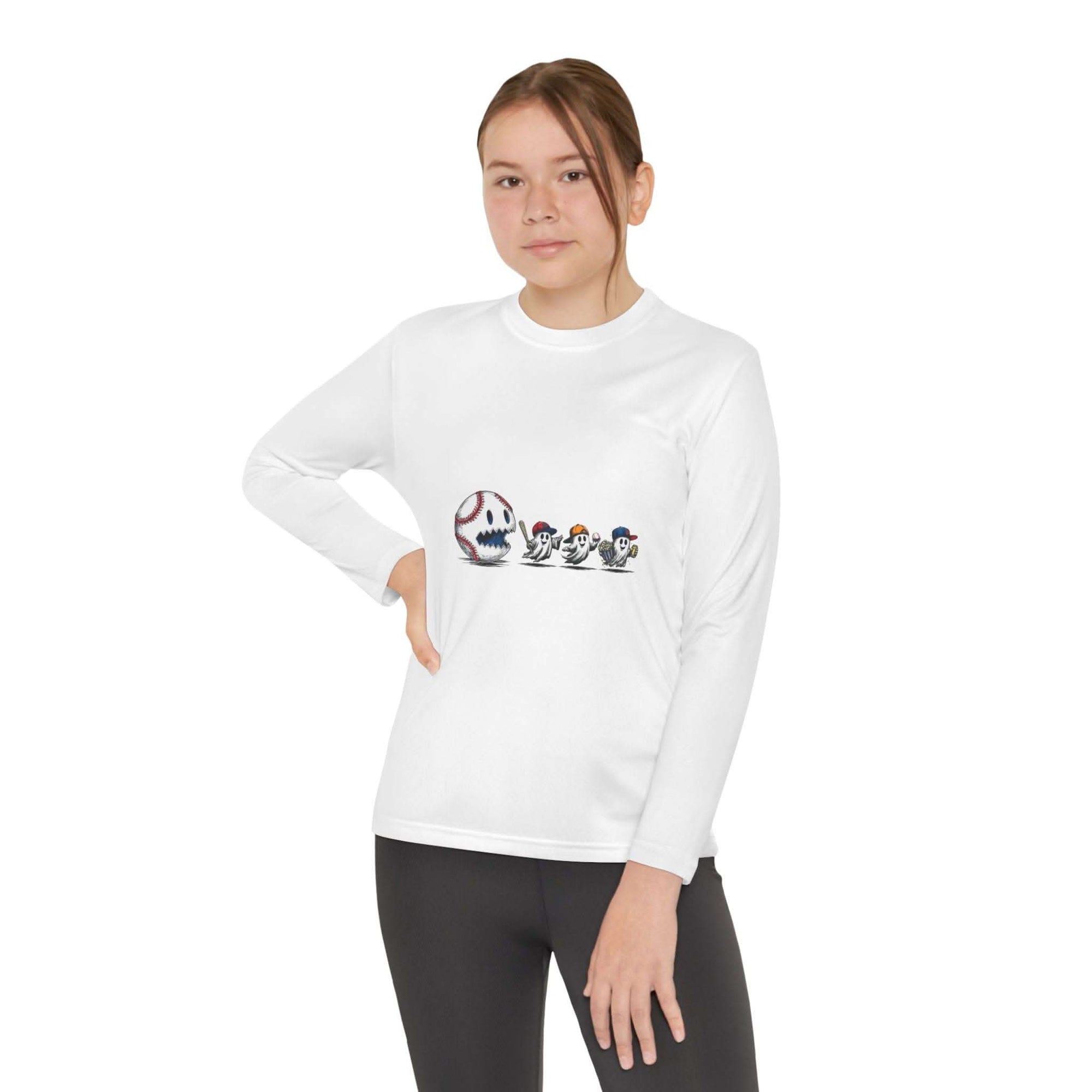 Youth Tee long sleeve shirt with baseball eating Halloween ghosts design, moisture-wicking fabric perfect for active kids.