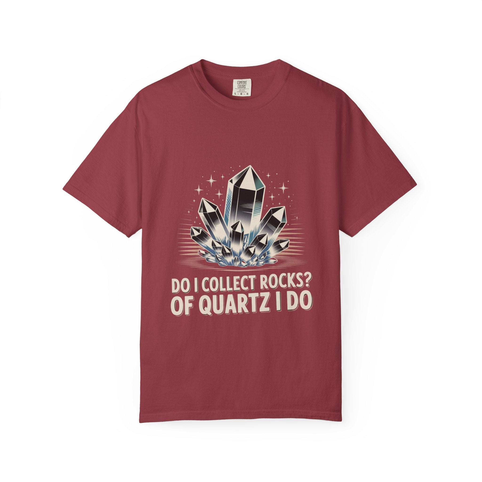 Maroon t-shirt with quartz crystal graphic and text on a white background