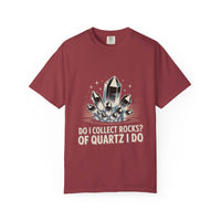 Maroon t-shirt with quartz crystal graphic and text on a white background