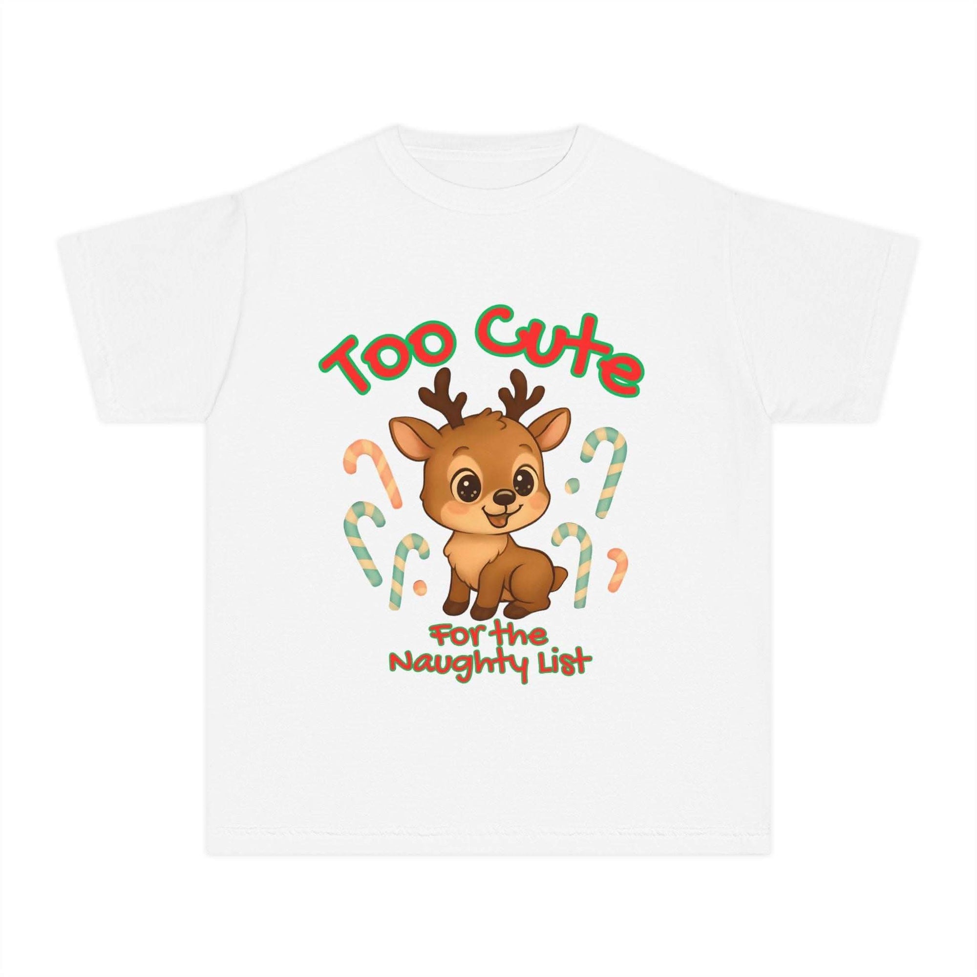 Youth tee with cute reindeer and candy cane Christmas design saying "Too Cute for the Naughty List" on white cotton shirt