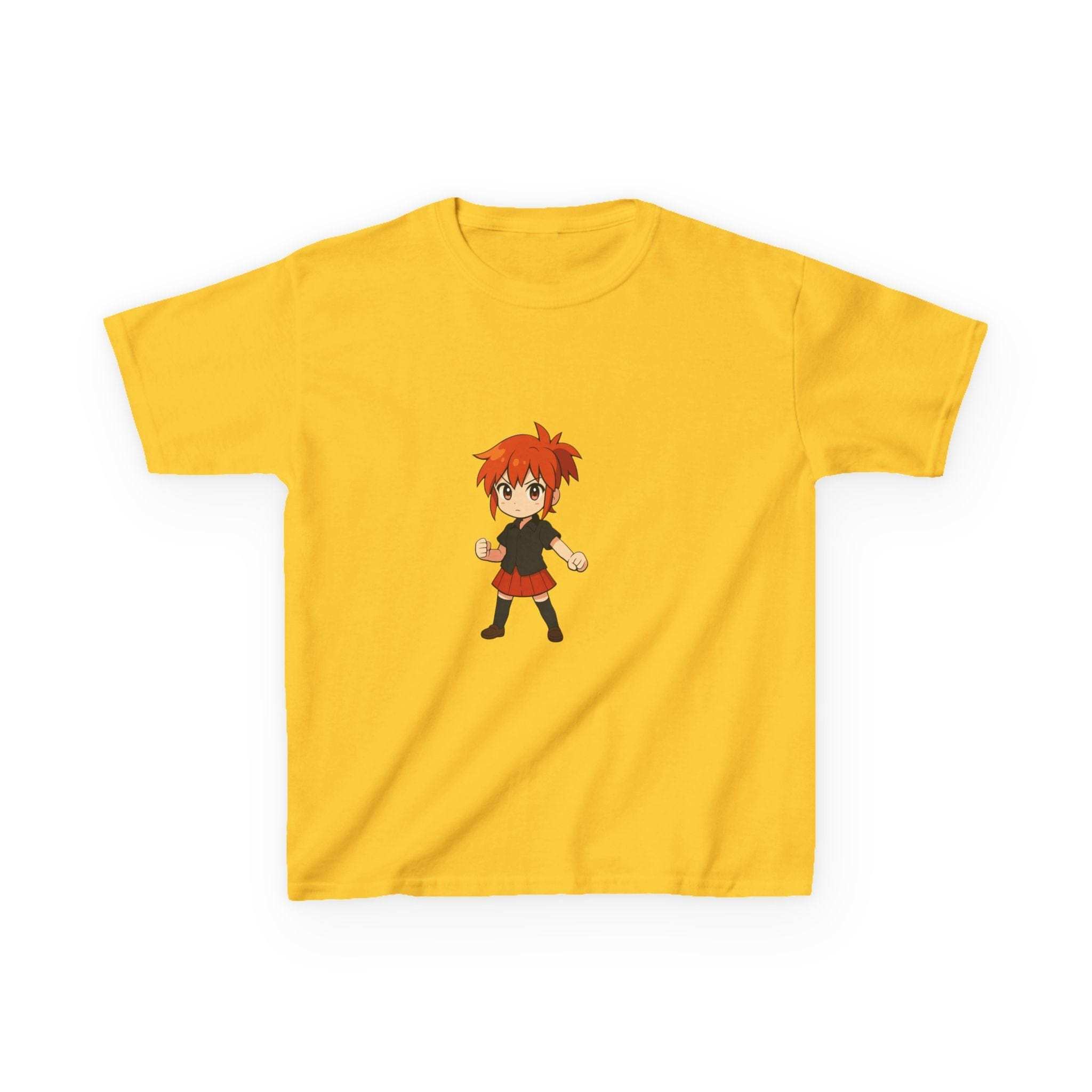 White 100% cotton kids t-shirt featuring an anime power girl design from Printify