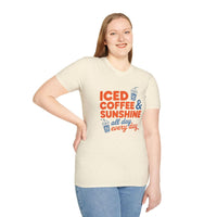 Iced Coffee & Sunshine summer T-shirt with playful iced coffee cup design on bright casual tee