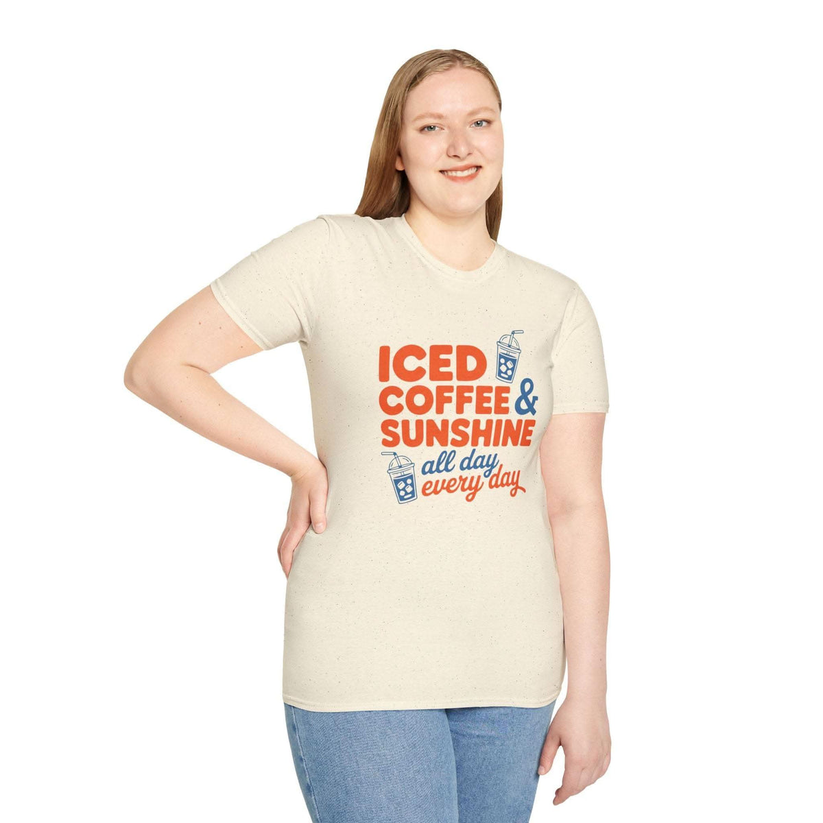 Iced Coffee & Sunshine summer T-shirt with playful iced coffee cup design on bright casual tee