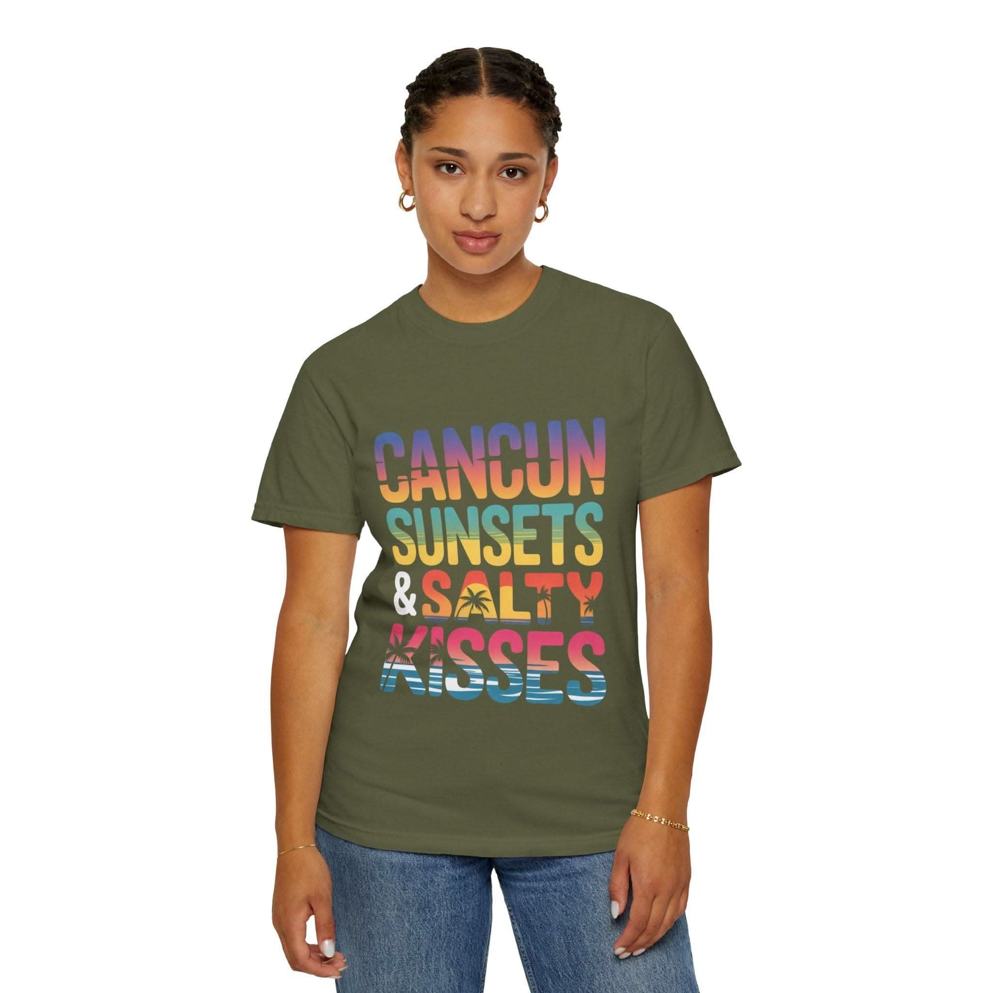 Person wearing a green t-shirt with colorful text on a white background