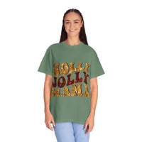 Faux Glitter Holly Jolly Mama brown t-shirt with festive glitter text for moms