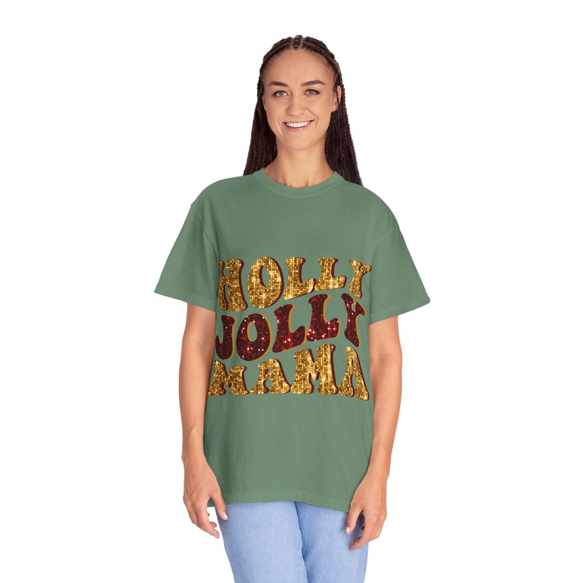 Faux Glitter Holly Jolly Mama brown t-shirt with festive glitter text for moms