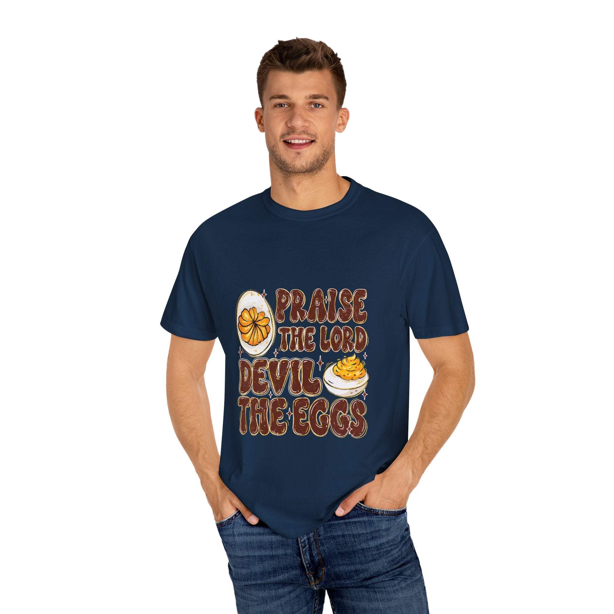 White cotton t-shirt featuring 'Praise the Lord, Devil the Eggs' design, perfect for Easter and Christian apparel.