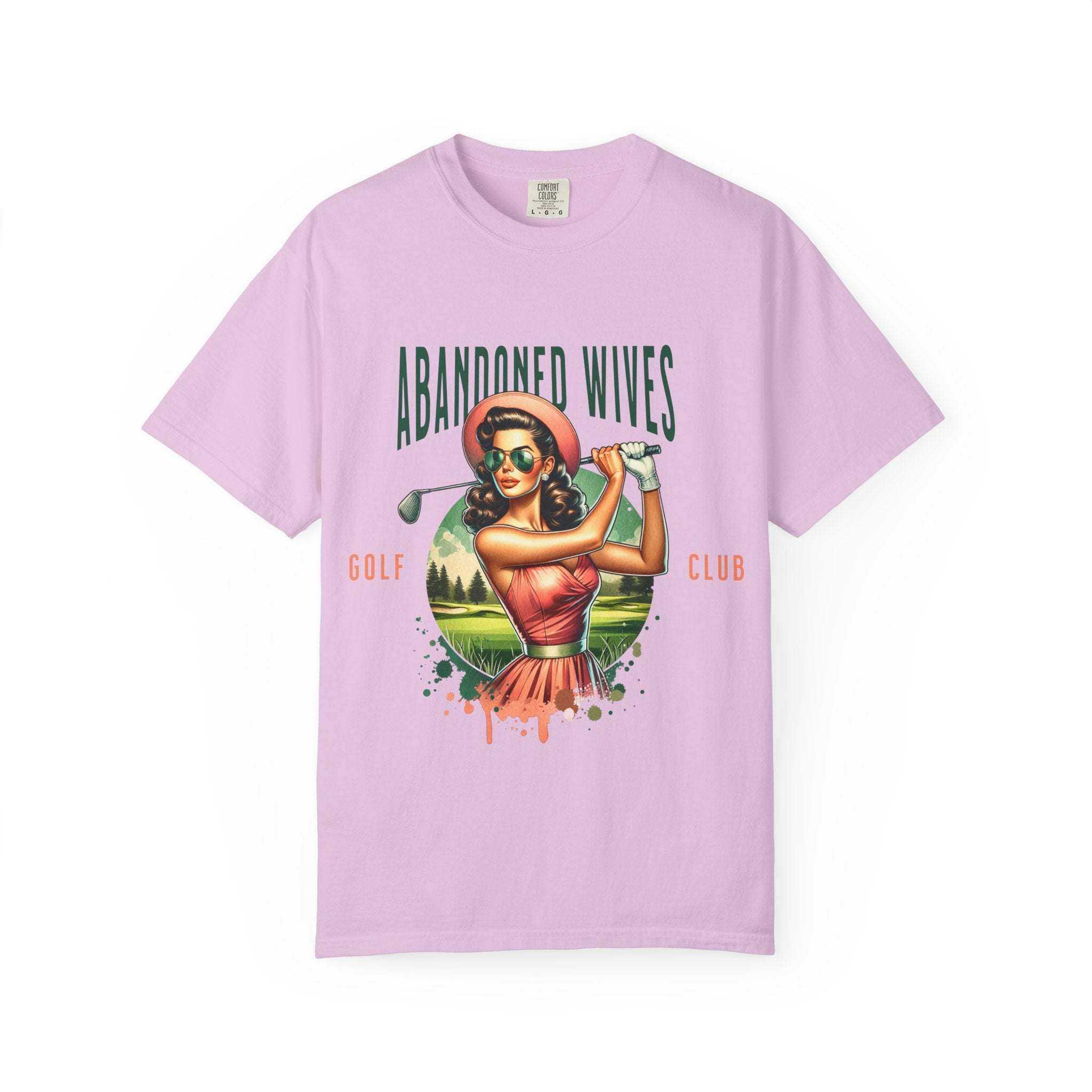 Vintage unisex t-shirt with humorous Abandoned Wives Golf Club design on lavender fabric