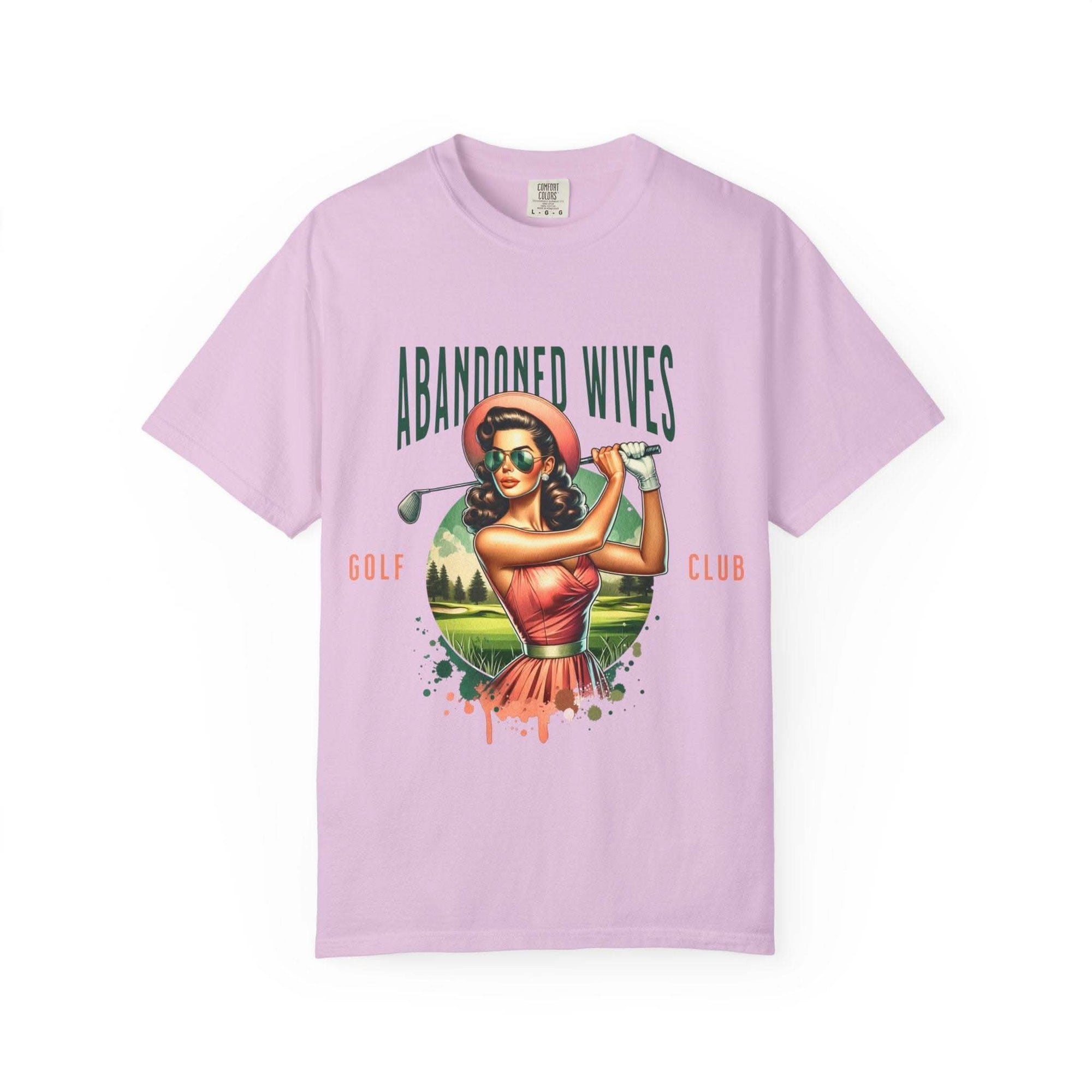 Vintage unisex t-shirt with humorous Abandoned Wives Golf Club design on lavender fabric