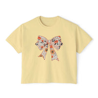 Floral coquette bow design womens tee in butter color, boxy fit, vintage cotton