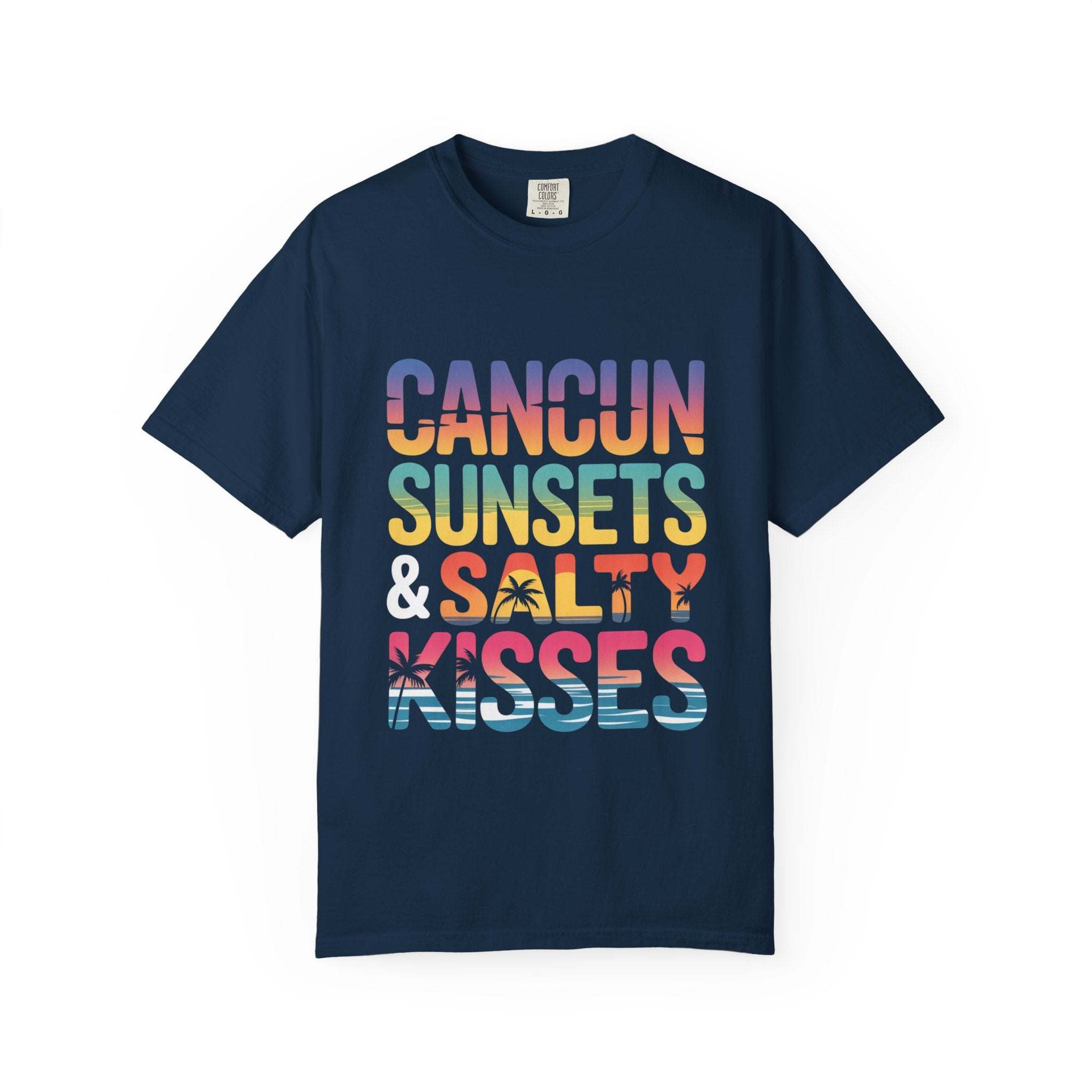 Navy blue t-shirt with colorful text 'Cancun Sunsets & Salty Kisses' on a white background