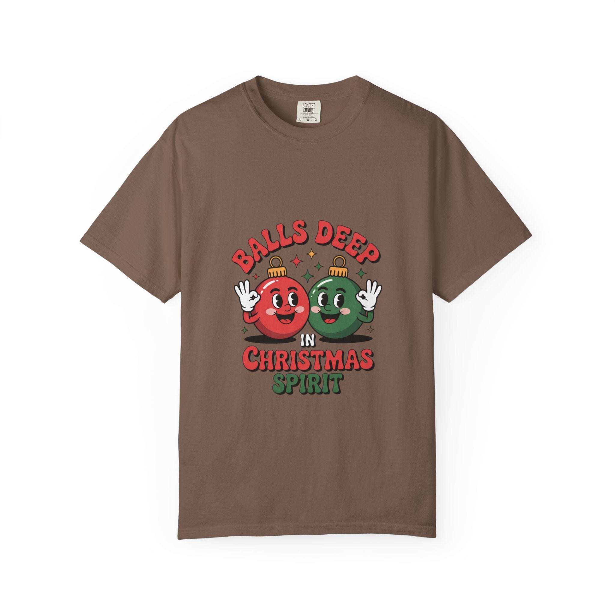 White t-shirt with 'Balls Deep In Christmas Spirit' graphic, featuring festive design and adult humor, by Printify.