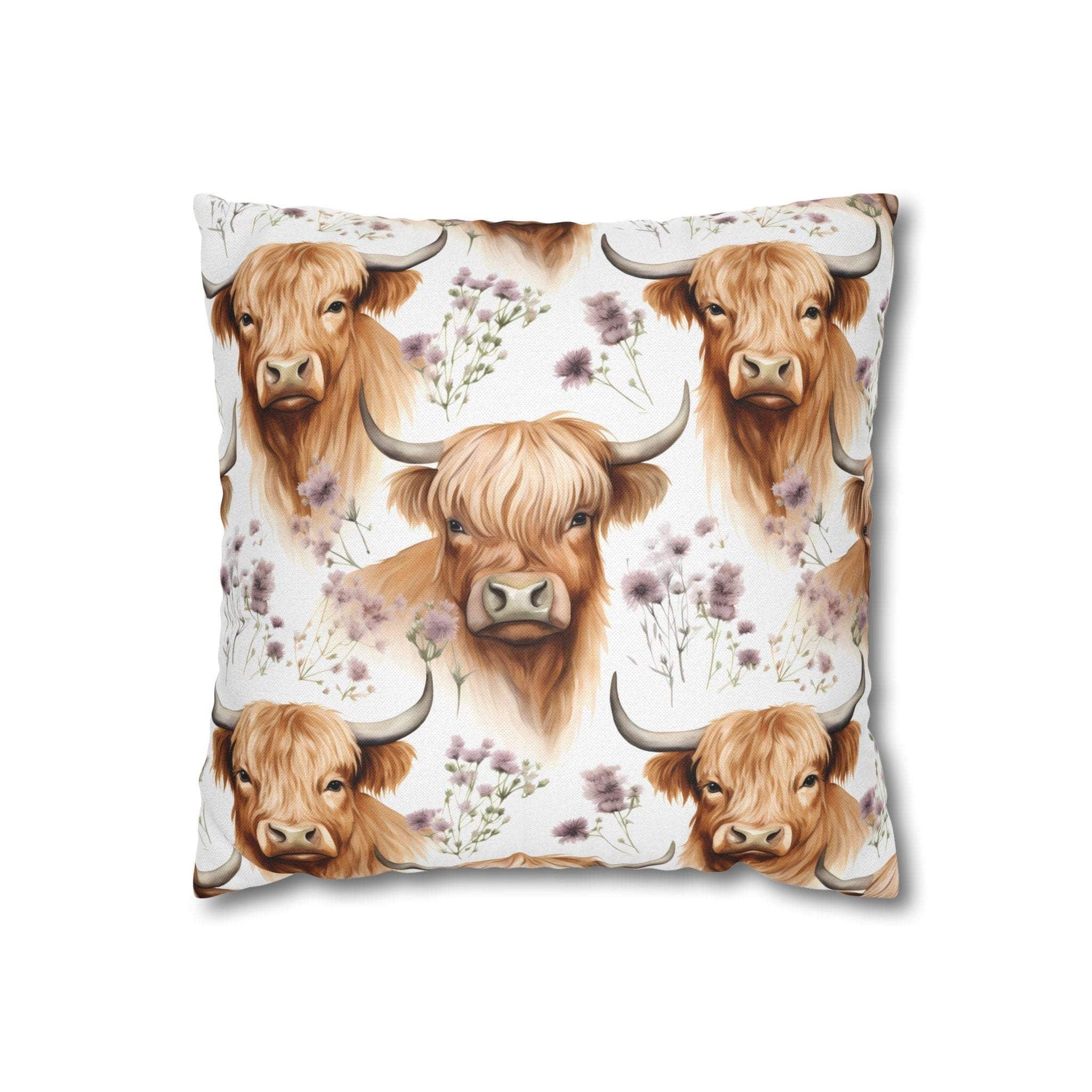 Floral Highland Cow square pillowcase with delicate blooms and rustic farmhouse style
