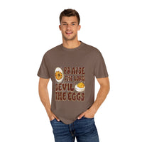 White cotton t-shirt featuring 'Praise the Lord, Devil the Eggs' design, perfect for Easter and Christian apparel.