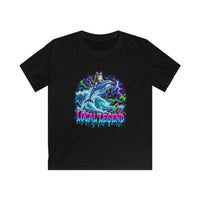 A black short-sleeve crewneck t-shirt featuring a vibrant graphic print of a cat riding a blue wave with lightning, and the text 'LOCAL LEGEND' in a dripping neon pink and blue font.
