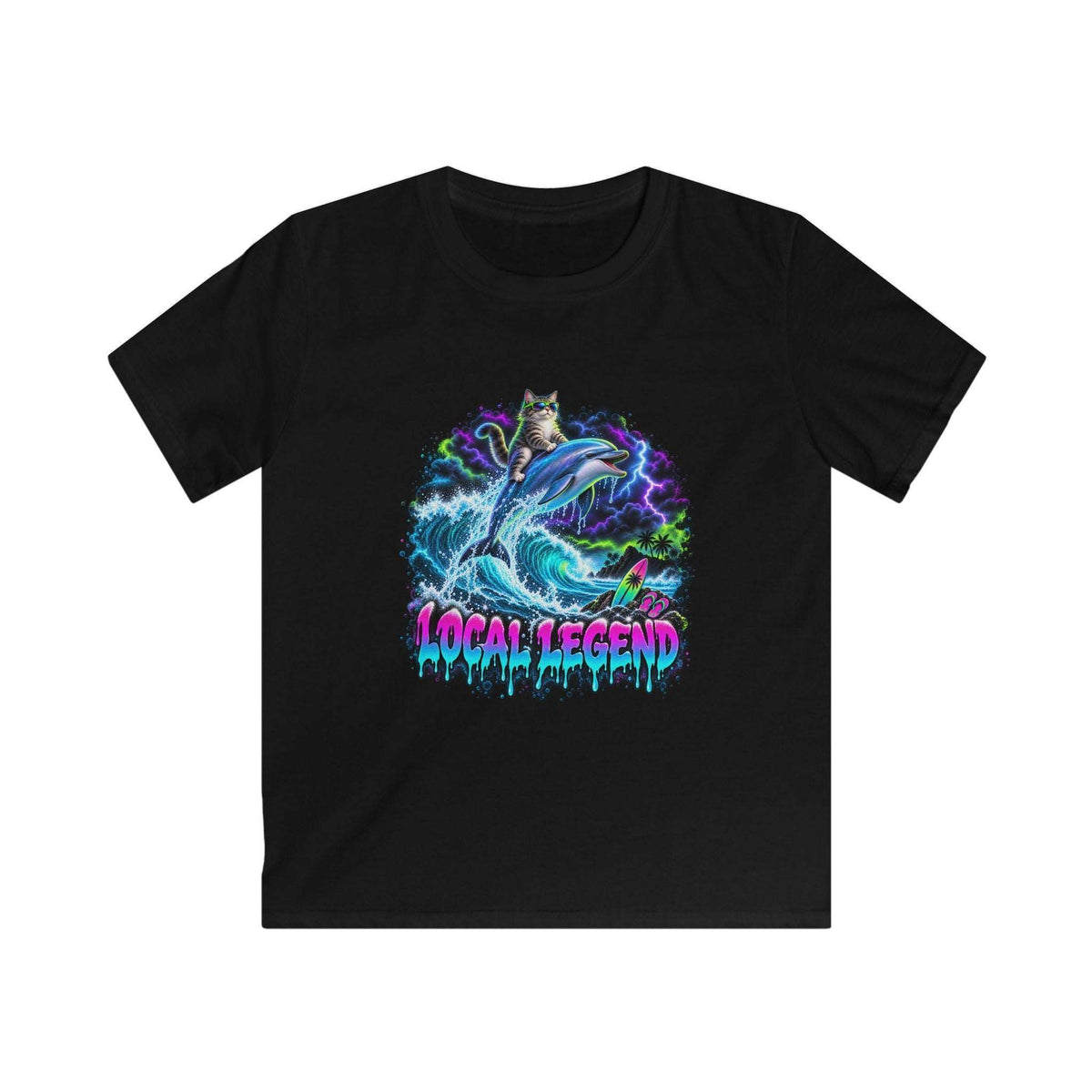 A black short-sleeve crewneck t-shirt featuring a vibrant graphic print of a cat riding a blue wave with lightning, and the text 'LOCAL LEGEND' in a dripping neon pink and blue font.