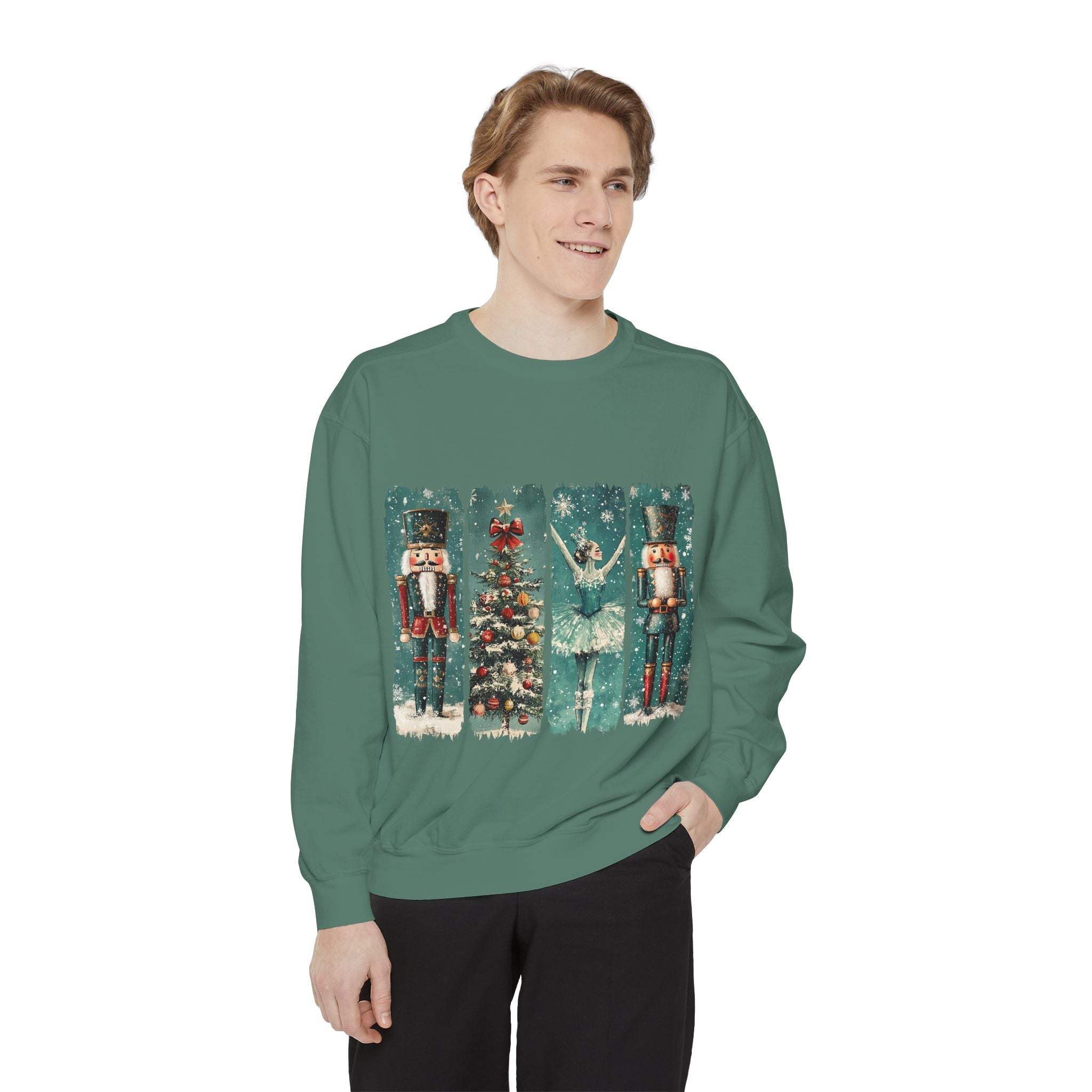Man wearing vintage Christmas Nutcracker sweatshirt with nutcracker and ballet dancer design