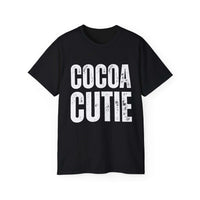 Black distressed Cocoa Cutie tee with bold white vintage-style text on front