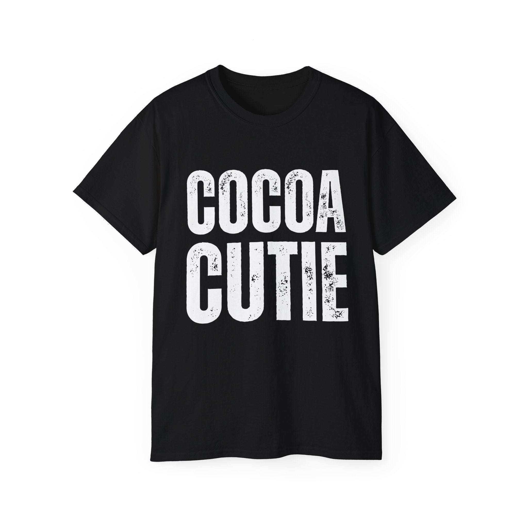 Black distressed Cocoa Cutie tee with bold white vintage-style text on front