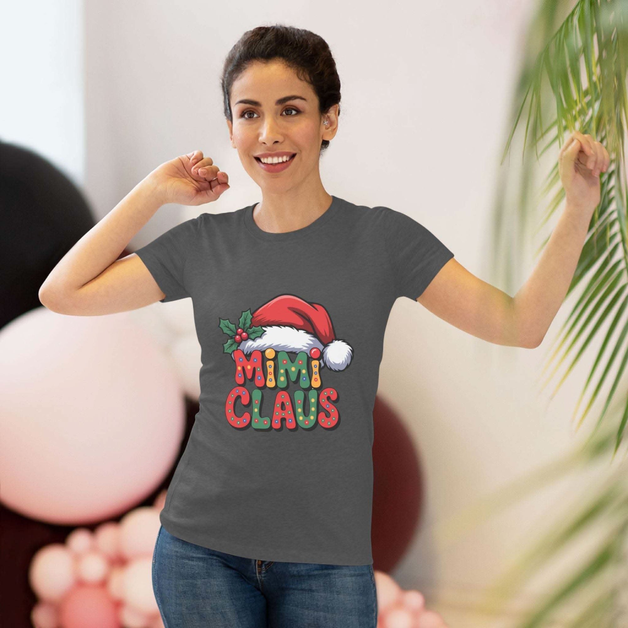 Women T-shirt with festive Mimi Claus design and Santa hat in soft triblend fabric for Christmas holiday