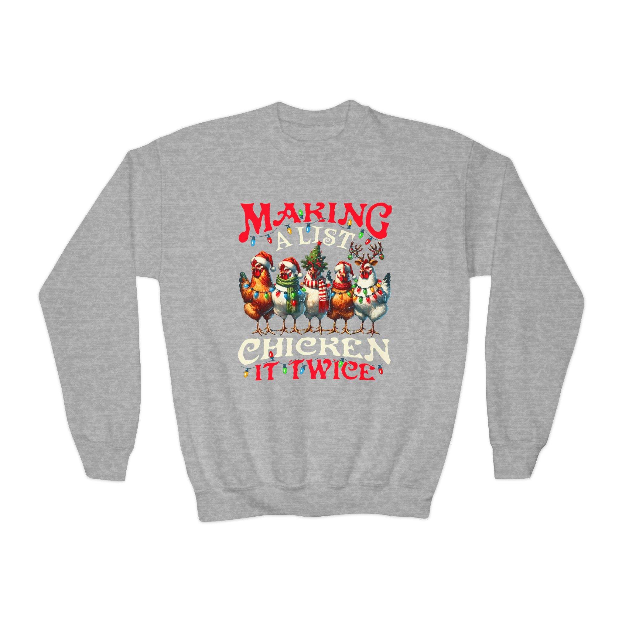 Navy youth crewneck sweatshirt with 'Making a List Chicken it Twice' graphic by Printify