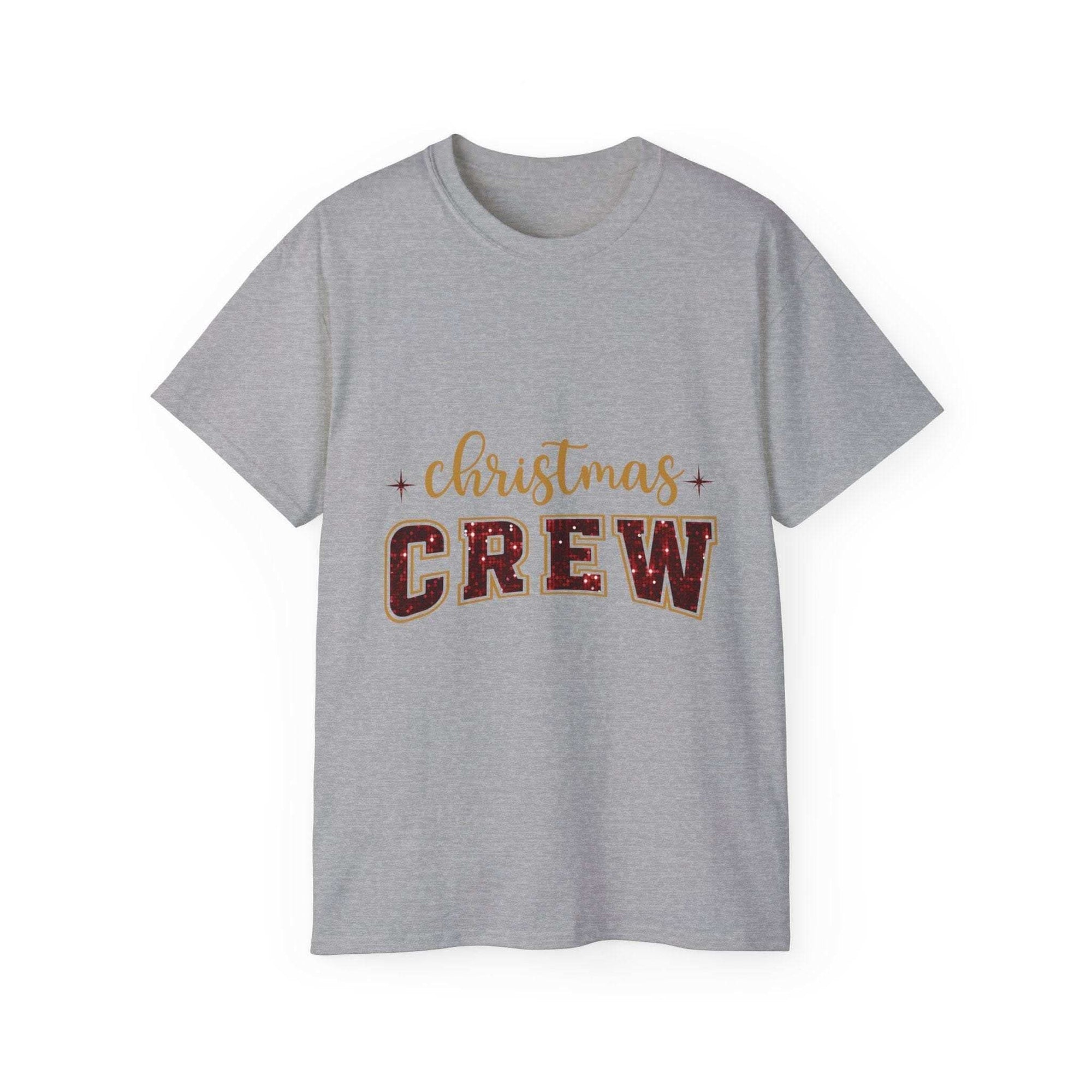 Antique Cherry Red crew neck t-shirt with faux glitter print, festive holiday design by Printify