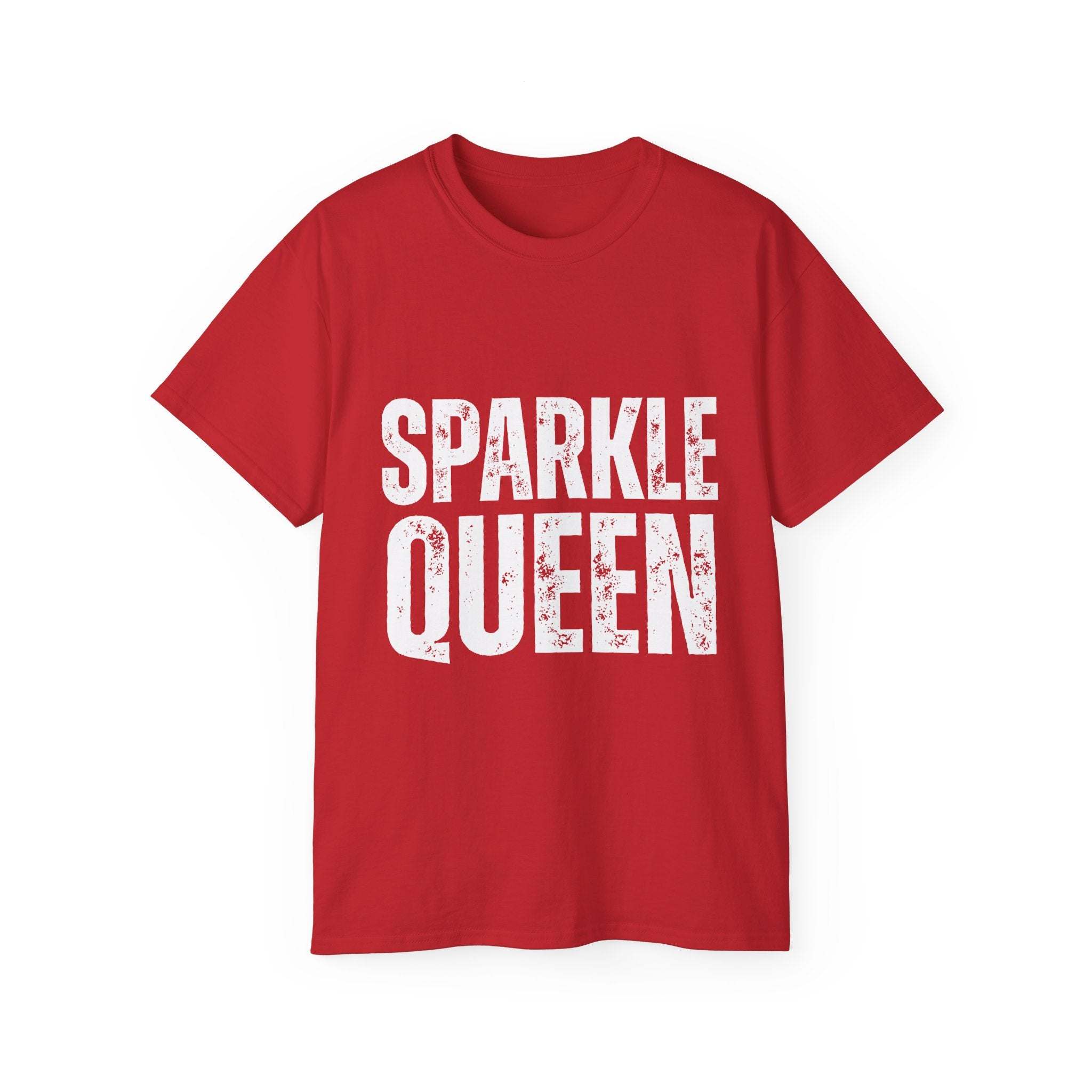 Red distressed Sparkle Queen T-Shirt with bold white text for fashionistas