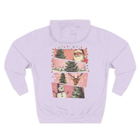 Pink fleece hoodie with Christmas watercolor swatches featuring Santa, reindeer, snowman, and holiday lights design