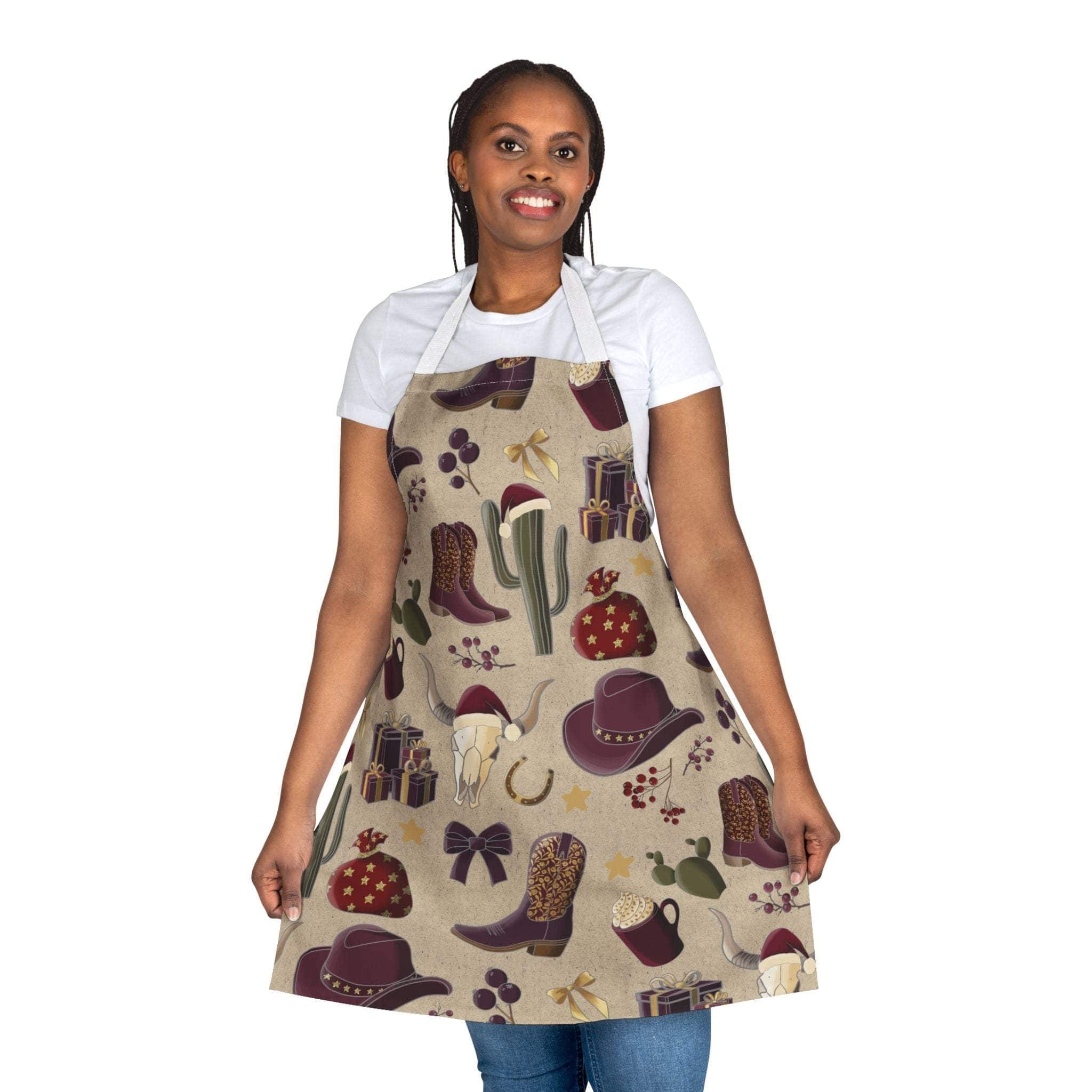 Woman wearing a stain-free Cowboy Christmas apron with festive western-themed holiday designs