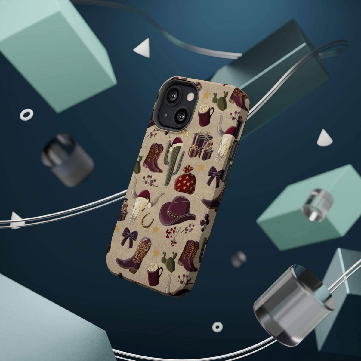 Cowboy Christmas design phone case for iPhone 17 in glossy finish by Printify, featuring festive colors and patterns.