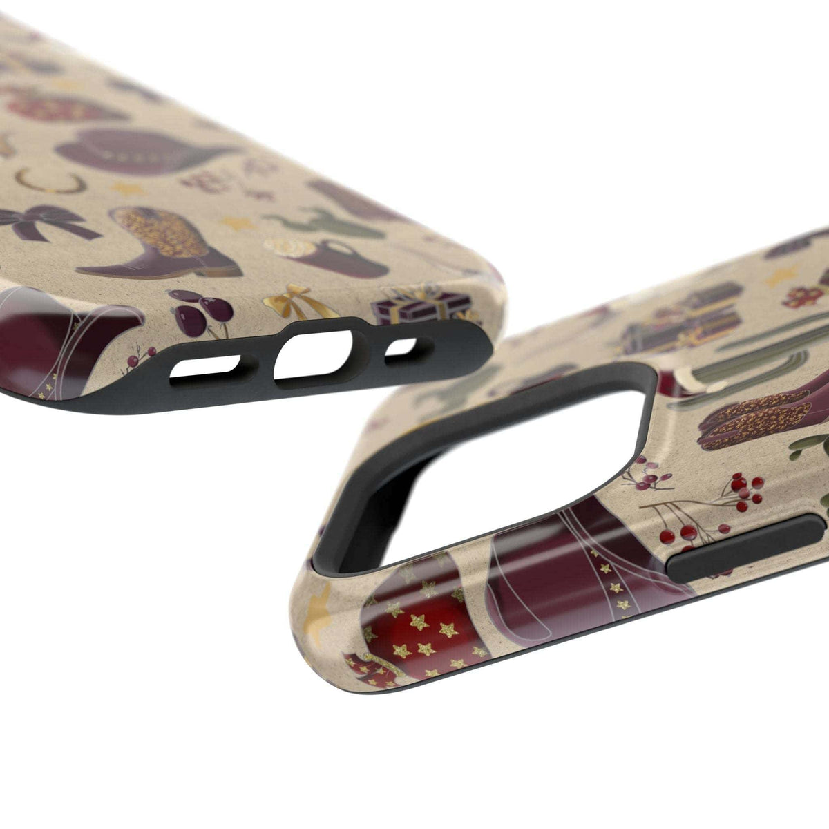 Cowboy Christmas design phone case for iPhone 17 in glossy finish by Printify, featuring festive colors and patterns.