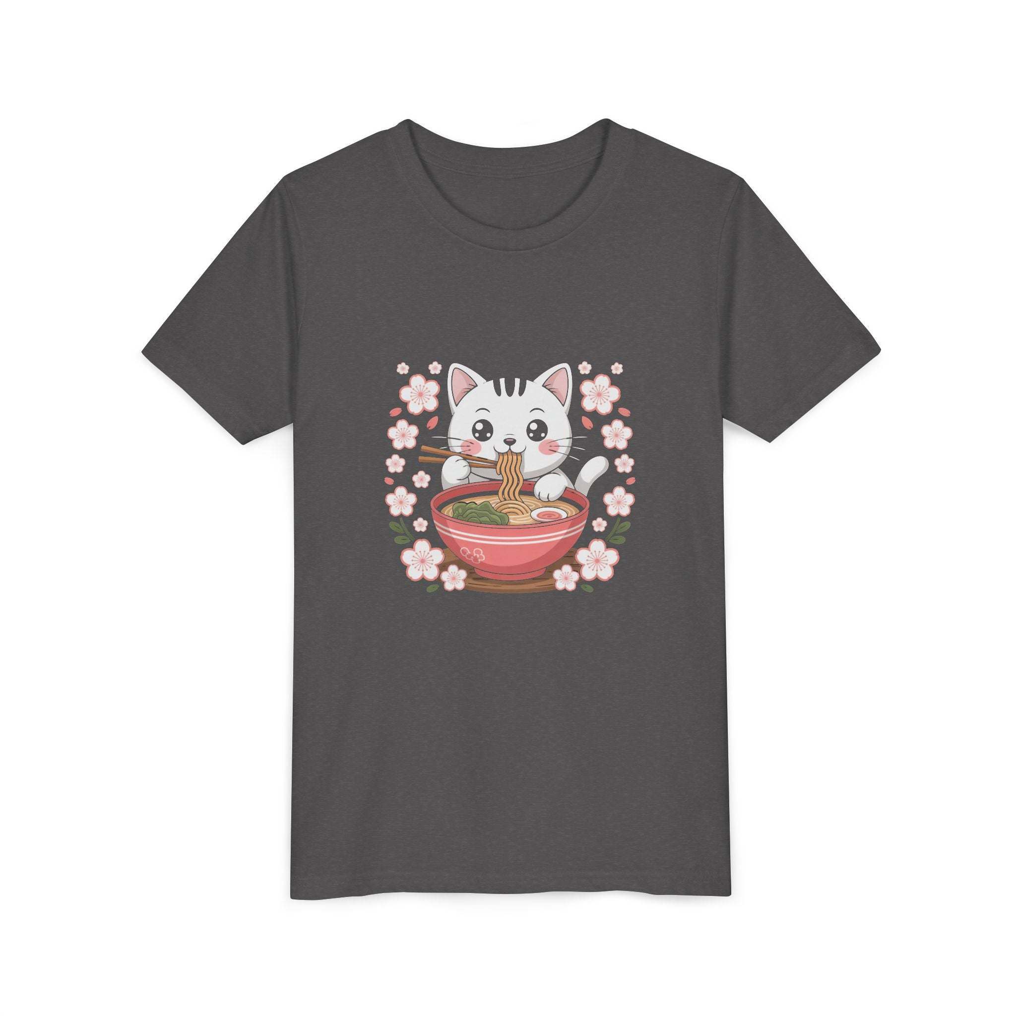 Kawaii cat eating ramen bowl printed on youth short sleeve tee