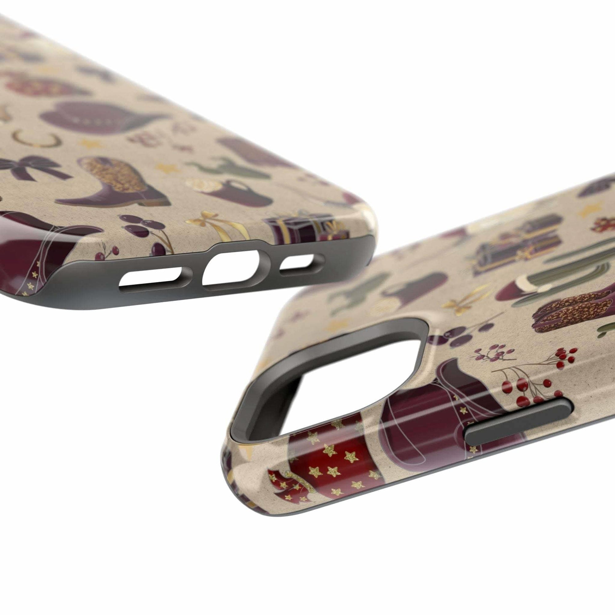 Cowboy Christmas design phone case for iPhone 17 in glossy finish by Printify, featuring festive colors and patterns.