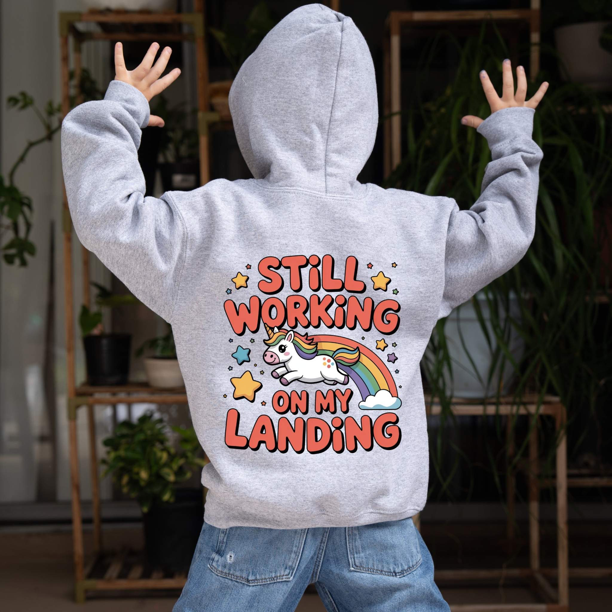 Still Working On My Landing Hoodie | Kids Unicorn Rainbow Design