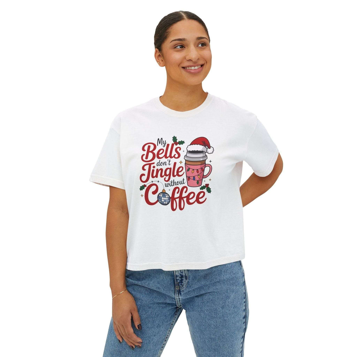 Women's boxy tee with "My Bells Don't Jingle Without Coffee" festive coffee-themed design