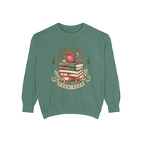 Vintage North Pole Book Club sweatshirt with book stack and holiday design in soft cotton blend