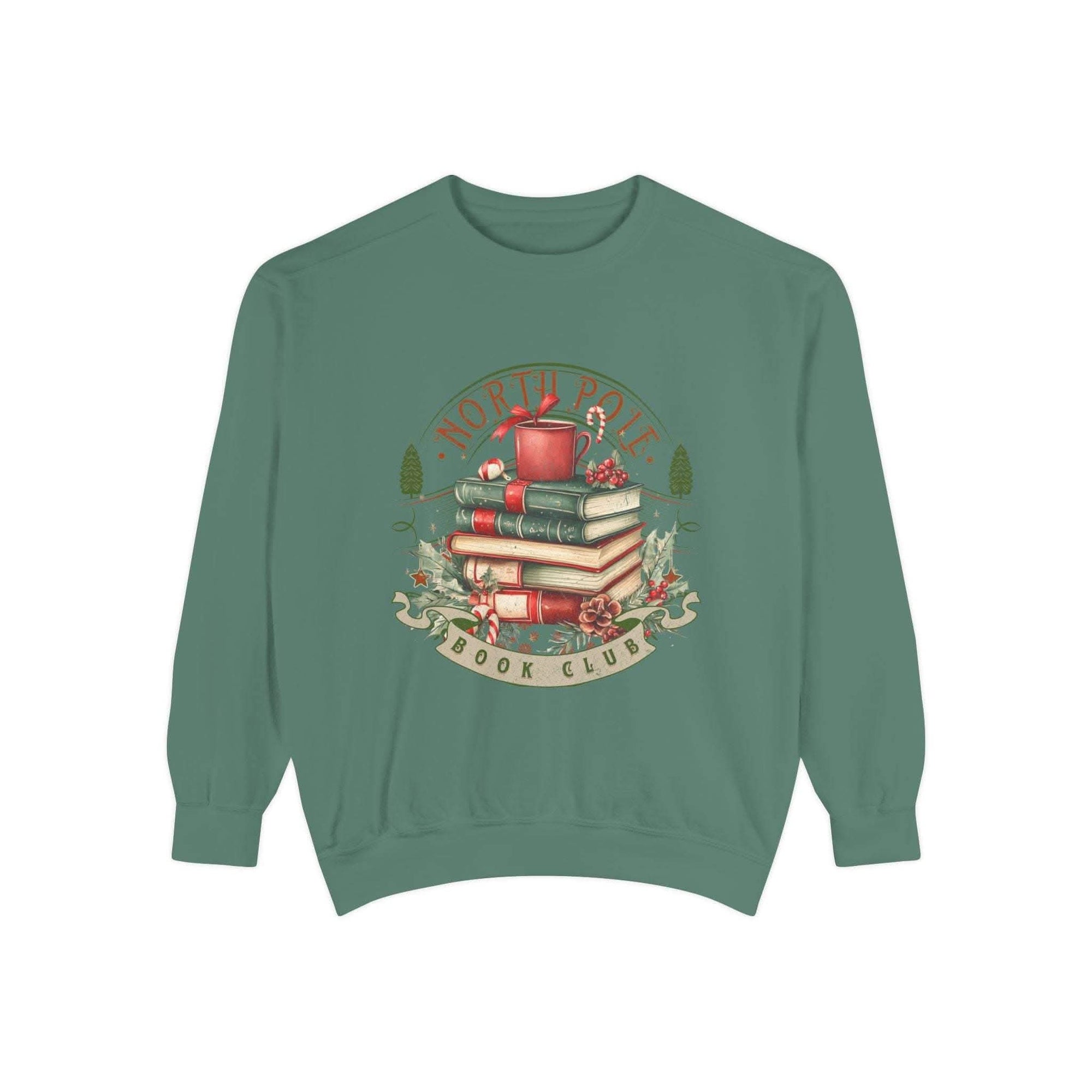 Vintage North Pole Book Club sweatshirt with book stack and holiday design in soft cotton blend